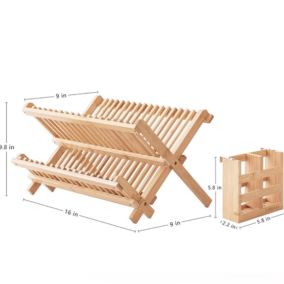 HBlife Dish Rack, Bamboo Folding 2-Tier Collapsible Drainer Dish Drying Rack - Picture 3 of 6